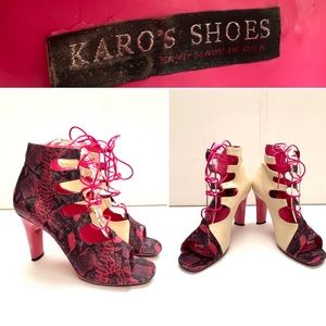 Karo’s Shoes Soft Leather Open Toe Lace Up Two Tone Heels Shoes Pink Snakeskin